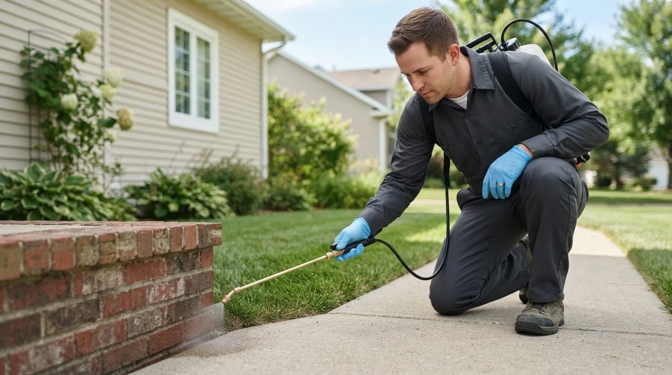 Pest control technician treating a home near Sullivan, ME